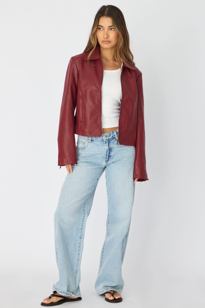 Red Faux Leather Jacket Long Sleeve for Ally Fashion