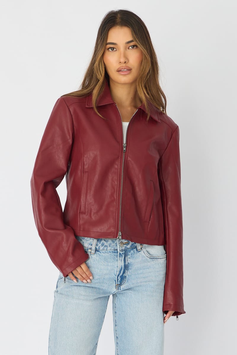 Red Faux Leather Jacket Long Sleeve for Ally Fashion