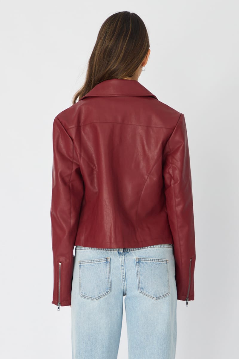 Red Faux Leather Jacket Long Sleeve for Ally Fashion