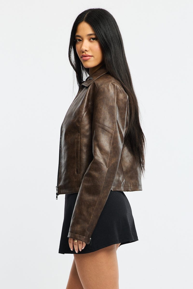 Brown Faux Leather Jacket Long Sleeve for Ally Fashion