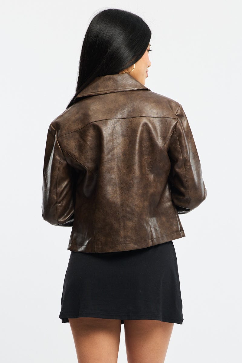 Brown Faux Leather Jacket Long Sleeve for Ally Fashion