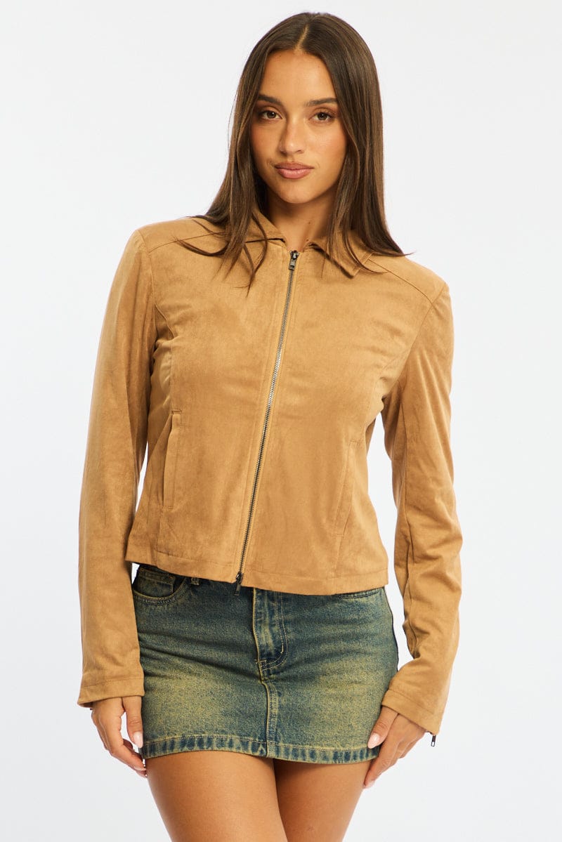 Beige Suede Jacket Long Sleeve for Ally Fashion