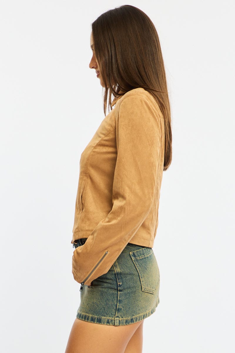 Beige Suede Jacket Long Sleeve for Ally Fashion