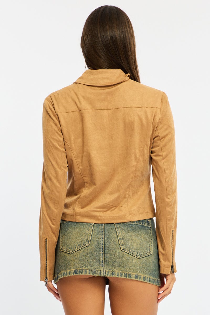 Beige Suede Jacket Long Sleeve for Ally Fashion