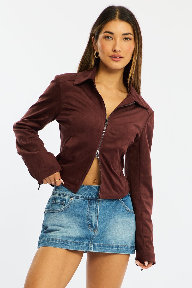 Brown Faux Leather Jacket Long Sleeve for Ally Fashion