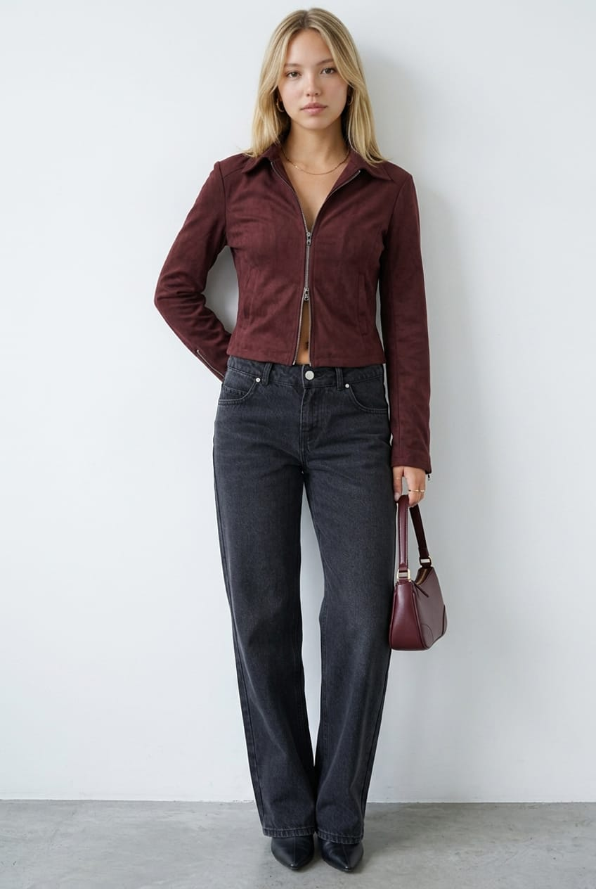 Brown Faux Leather Jacket Long Sleeve for Ally Fashion