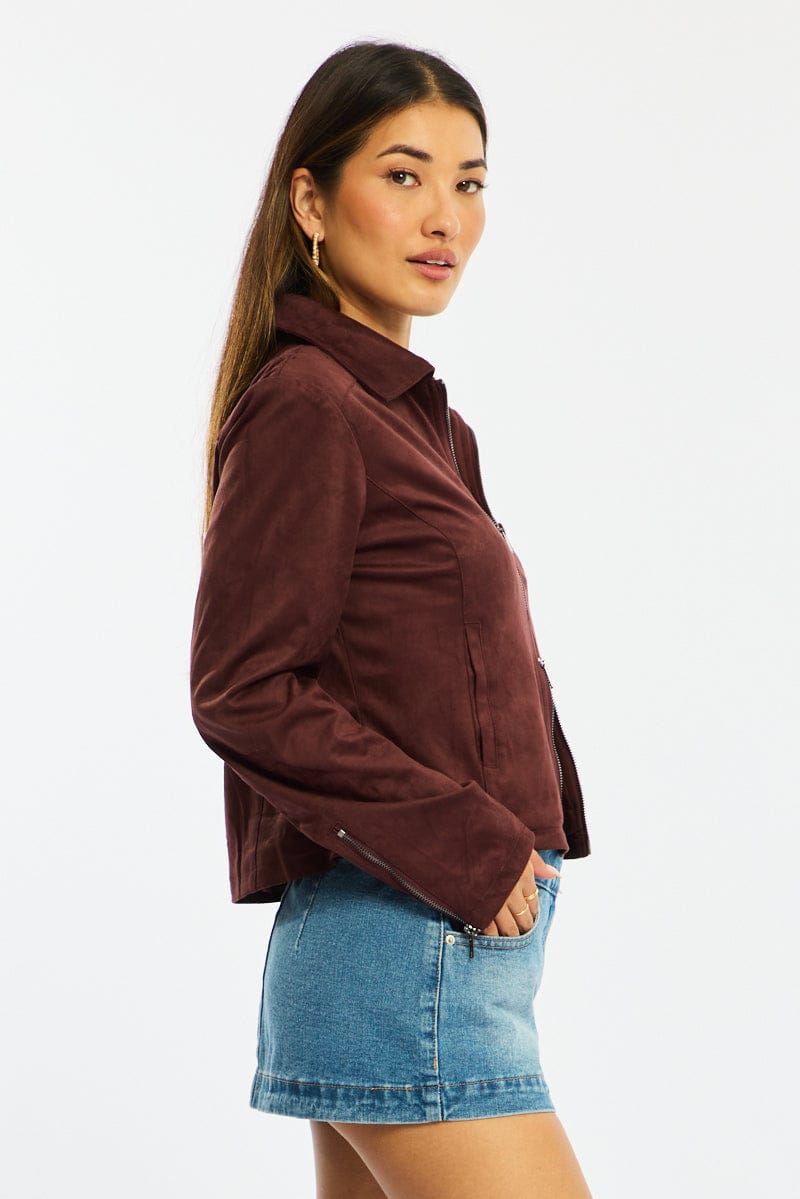 Brown Faux Leather Jacket Long Sleeve for Ally Fashion