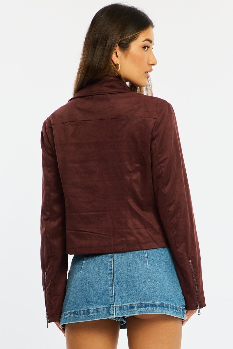 Brown Faux Leather Jacket Long Sleeve for Ally Fashion
