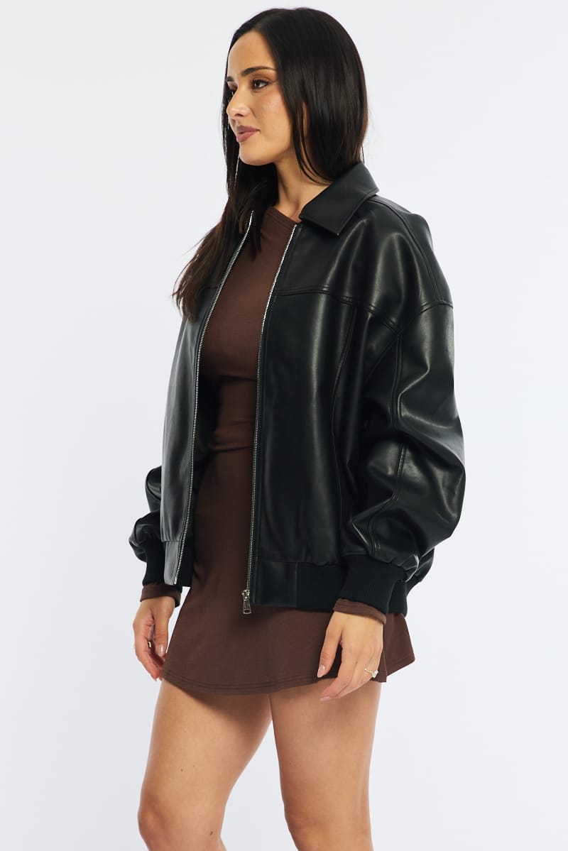 Black Bomber Jacket Faux Leather for Ally Fashion