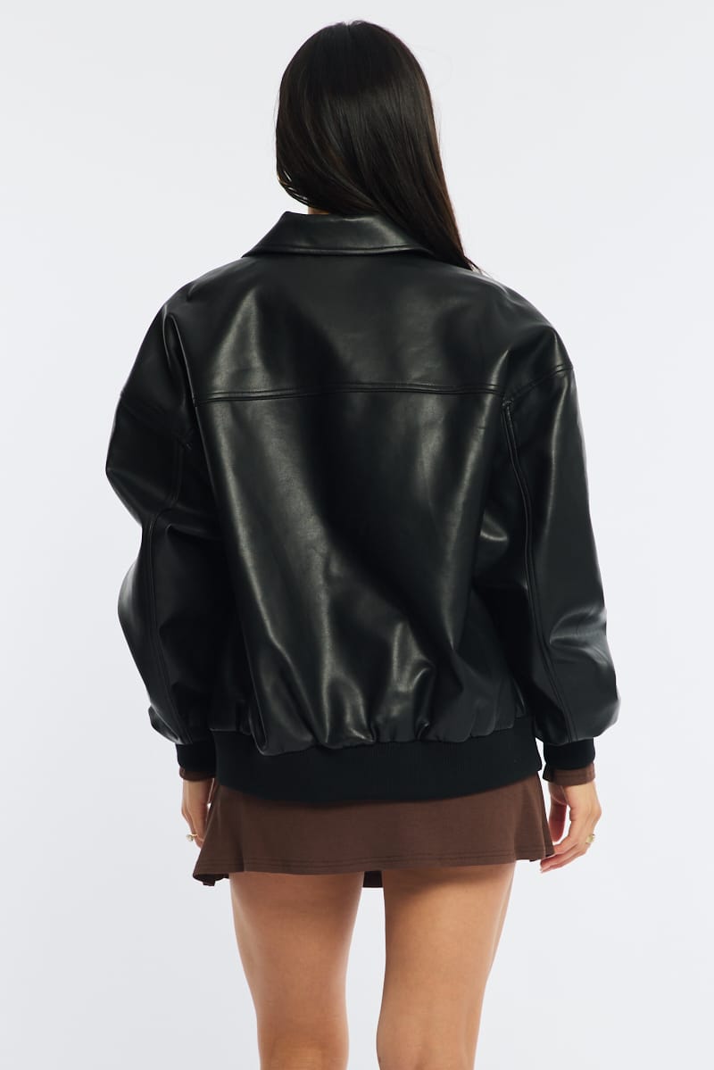 Black Bomber Jacket Faux Leather for Ally Fashion