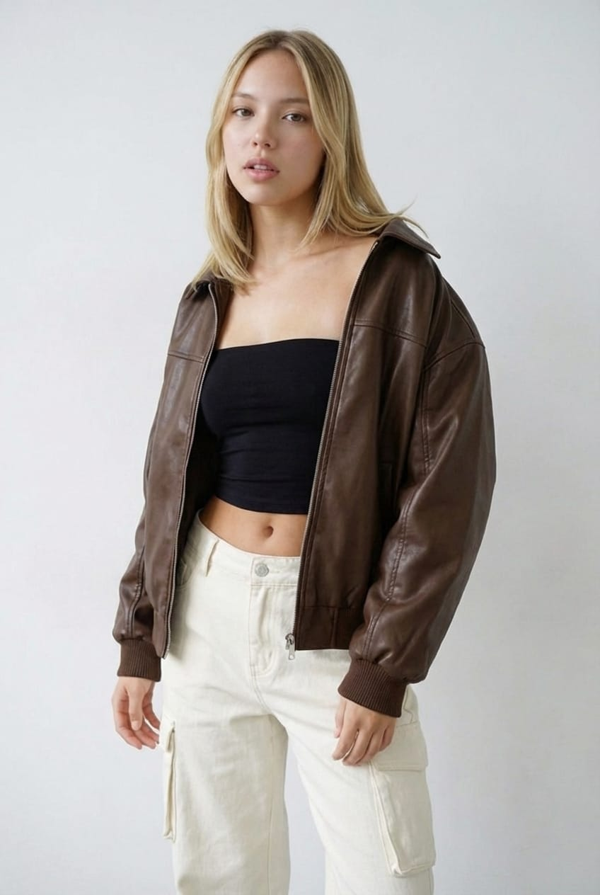 Brown Bomber Jacket Faux Leather for Ally Fashion