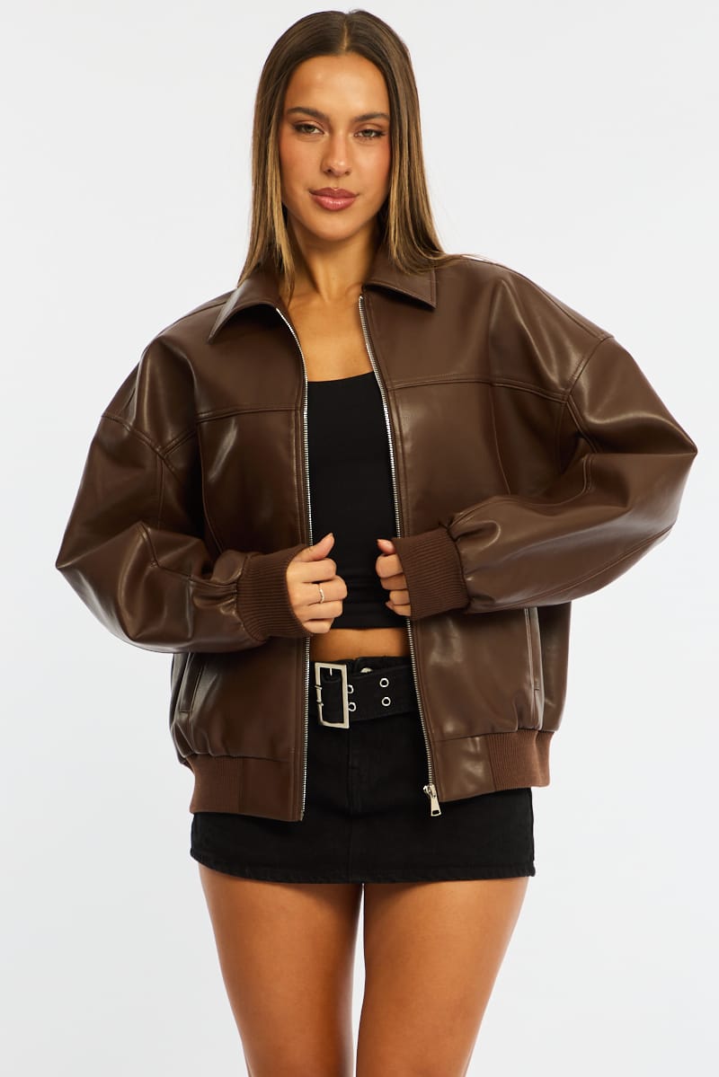 Brown Bomber Jacket Faux Leather for Ally Fashion