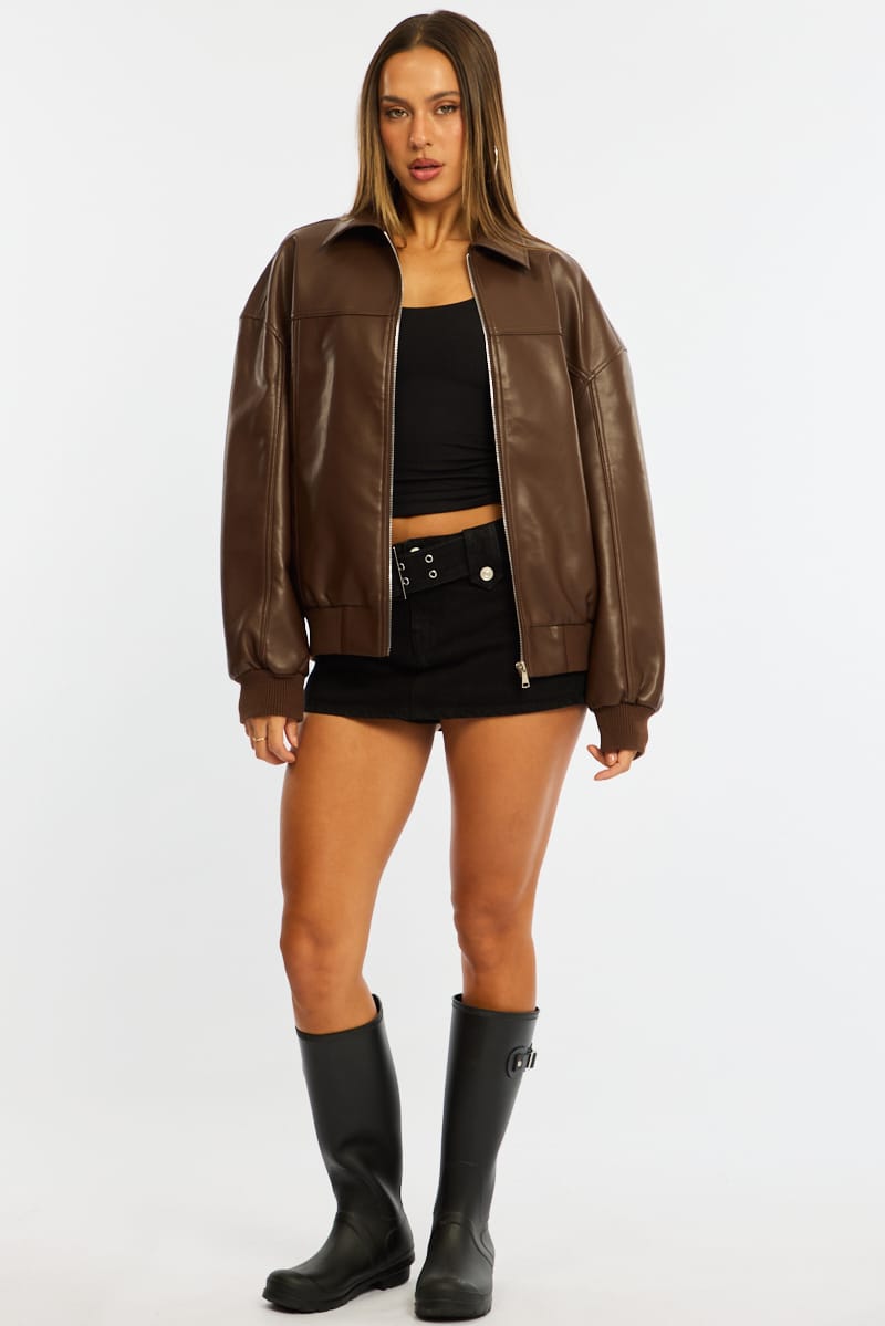 Brown Bomber Jacket Faux Leather for Ally Fashion