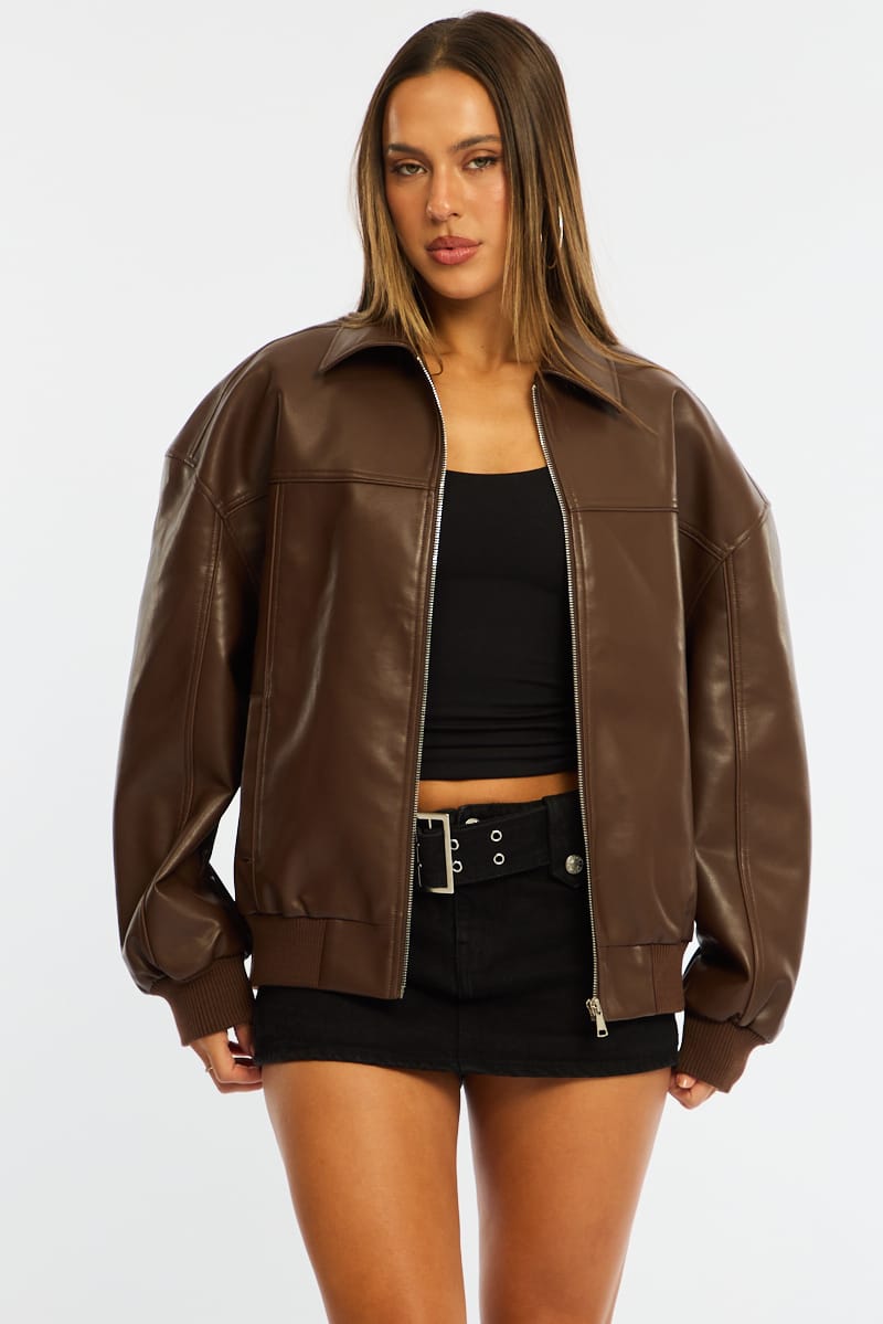 Brown Bomber Jacket Faux Leather for Ally Fashion