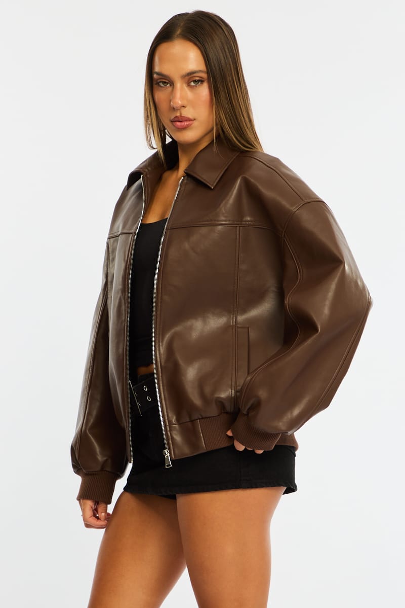 Brown Bomber Jacket Faux Leather for Ally Fashion