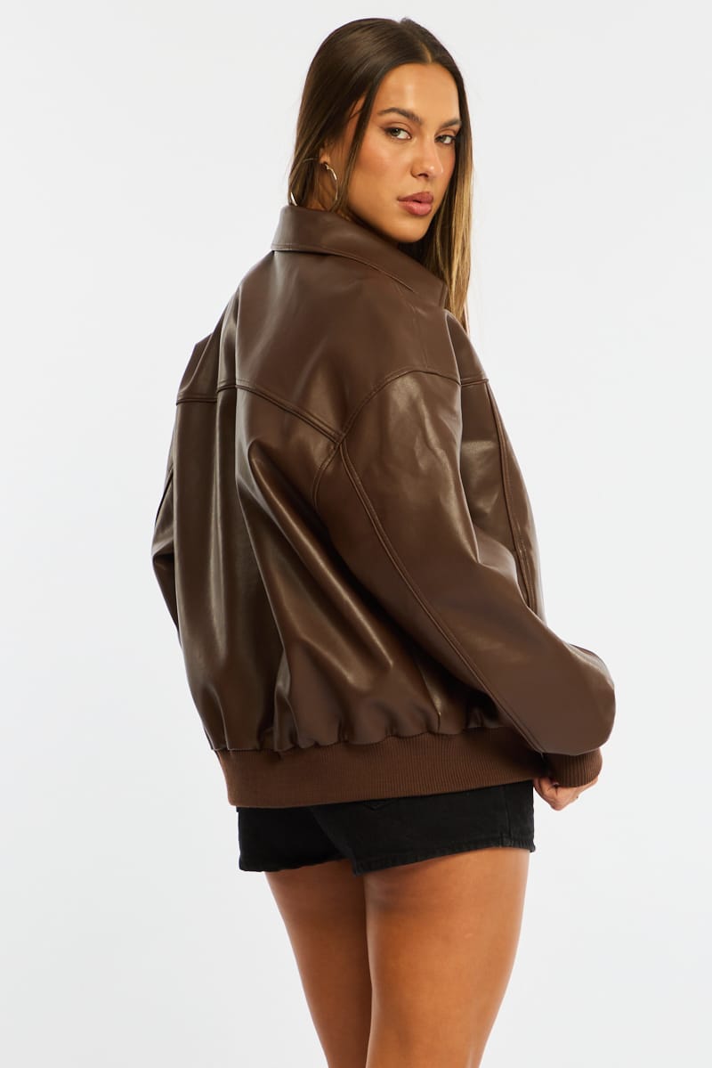 Brown Bomber Jacket Faux Leather for Ally Fashion