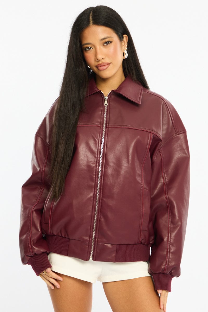Red Bomber Jacket Faux Leather for Ally Fashion