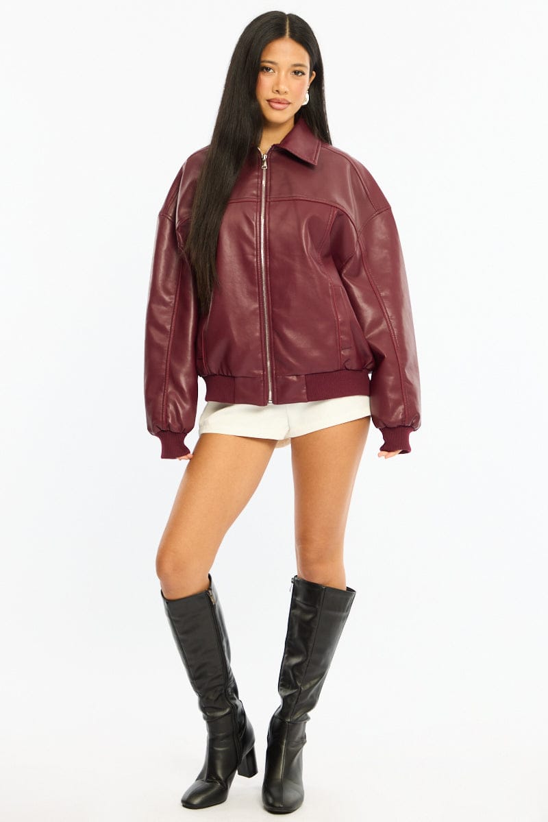 Red Bomber Jacket Faux Leather for Ally Fashion
