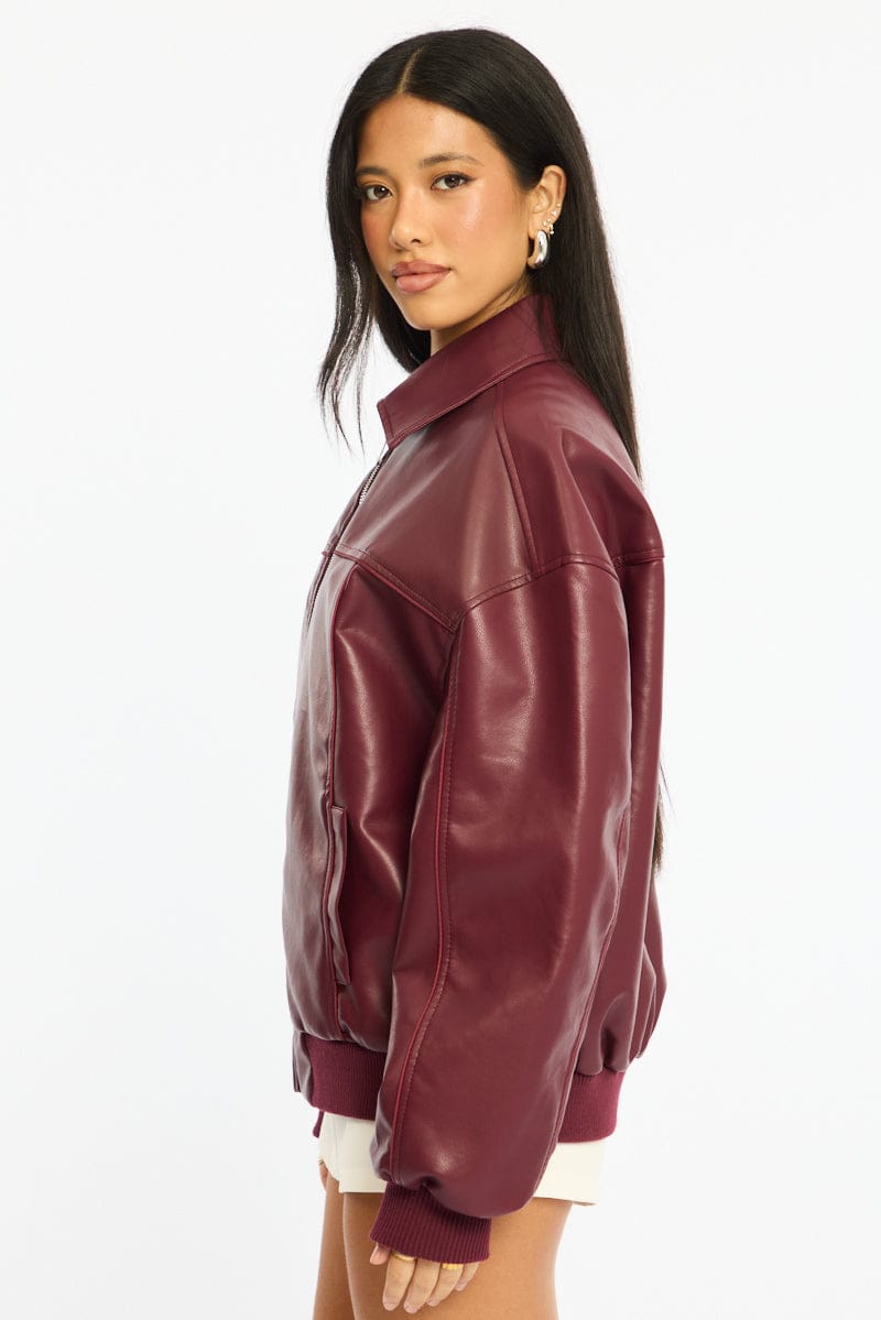 Red Bomber Jacket Faux Leather for Ally Fashion