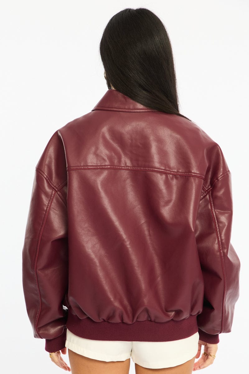 Red Bomber Jacket Faux Leather for Ally Fashion
