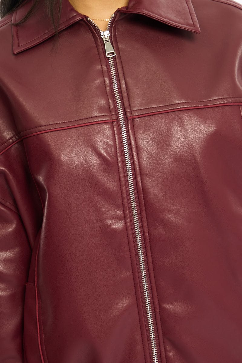 Red Bomber Jacket Faux Leather for Ally Fashion