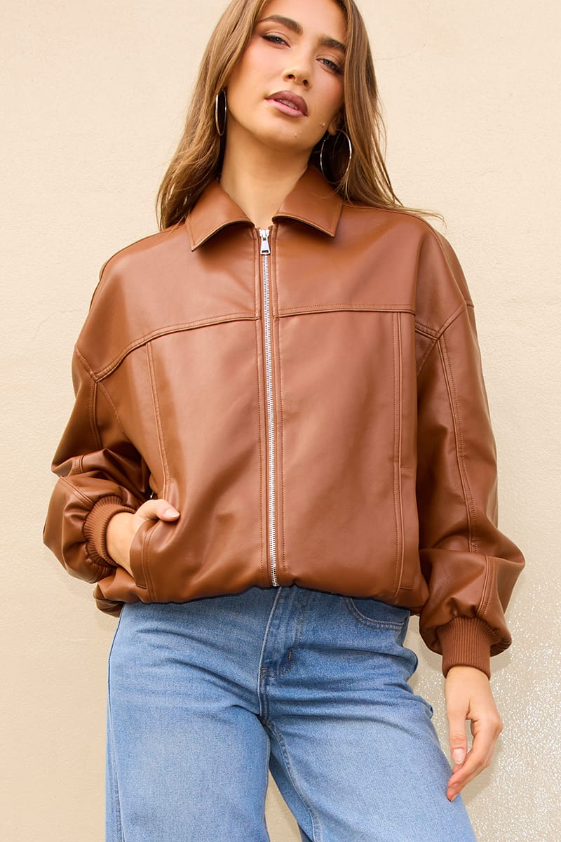Beige Bomber Jacket Faux Leather for Ally Fashion