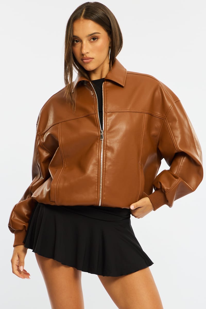 Beige Bomber Jacket Faux Leather for Ally Fashion