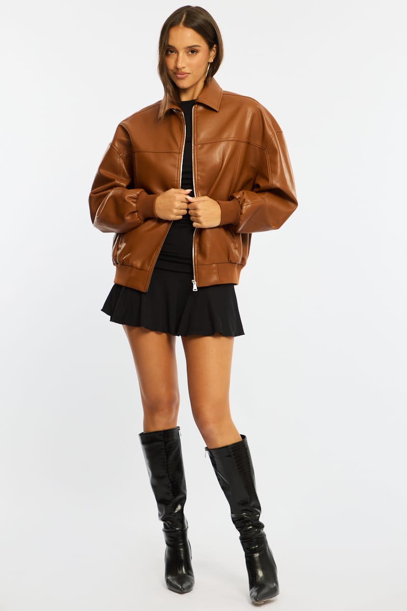 Beige Bomber Jacket Faux Leather for Ally Fashion