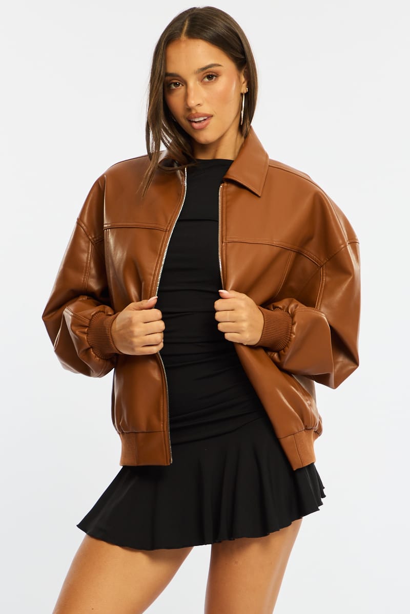 Beige Bomber Jacket Faux Leather for Ally Fashion