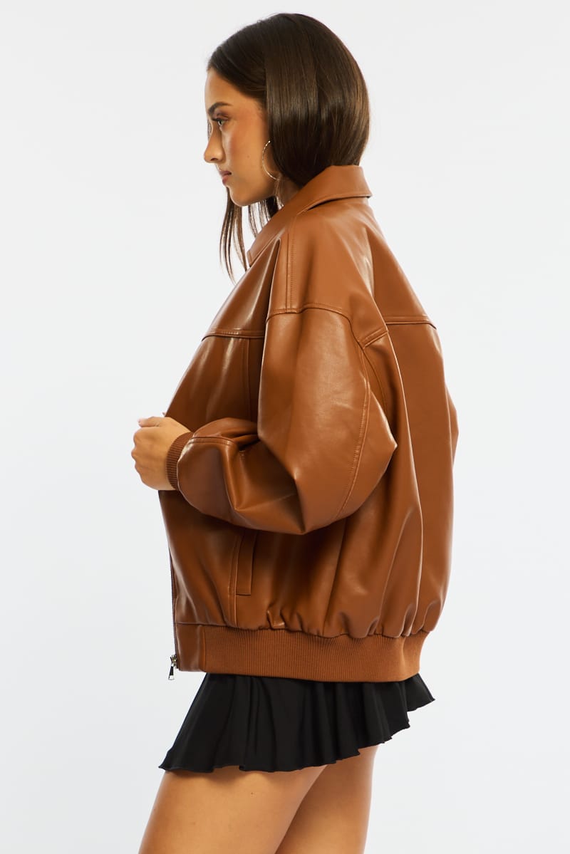 Beige Bomber Jacket Faux Leather for Ally Fashion