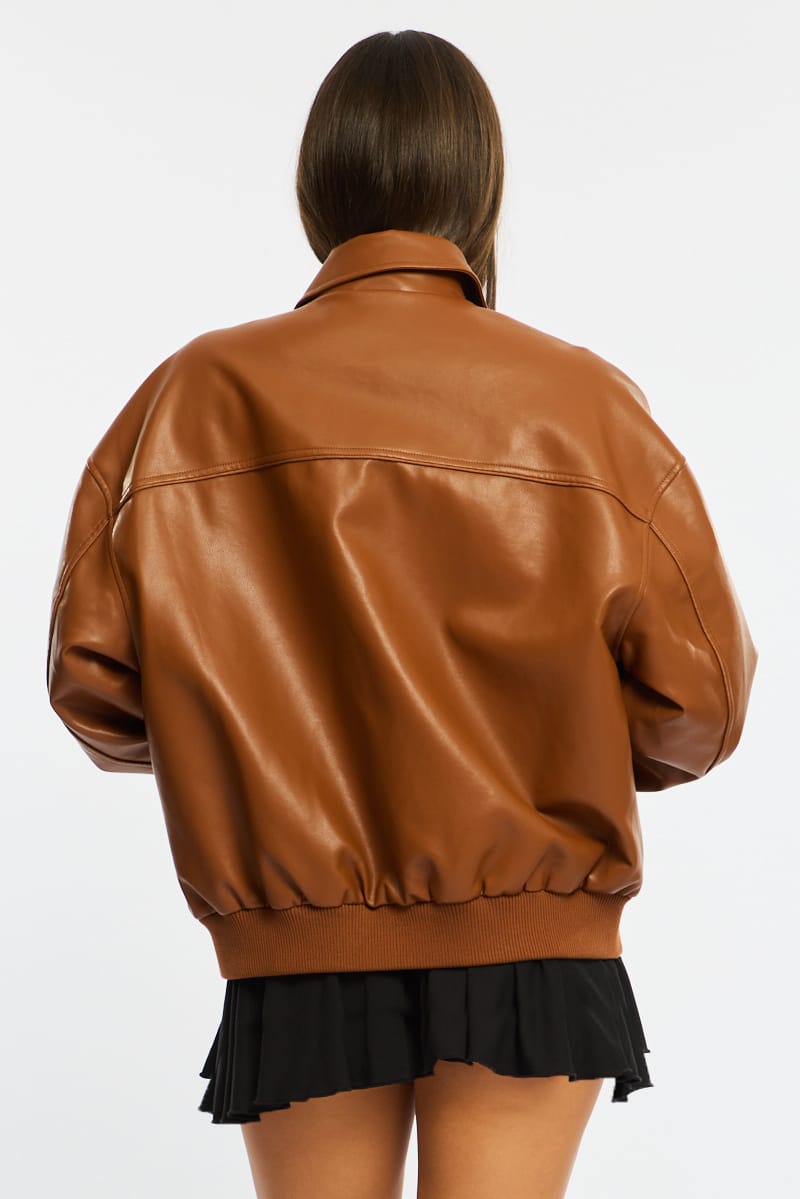 Beige Bomber Jacket Faux Leather for Ally Fashion