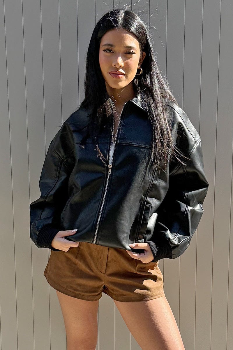 Black Bomber Jacket Faux Leather for Ally Fashion
