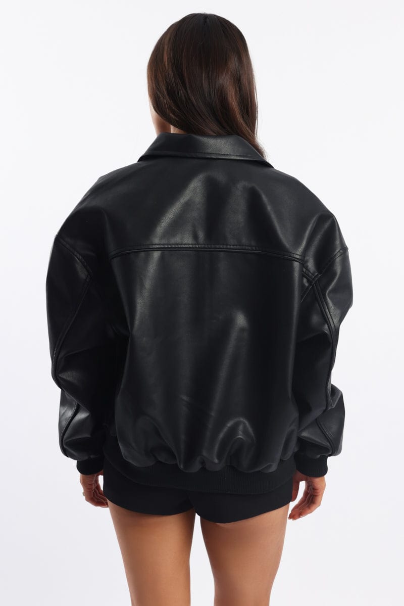Black Bomber Jacket Faux Leather for Ally Fashion