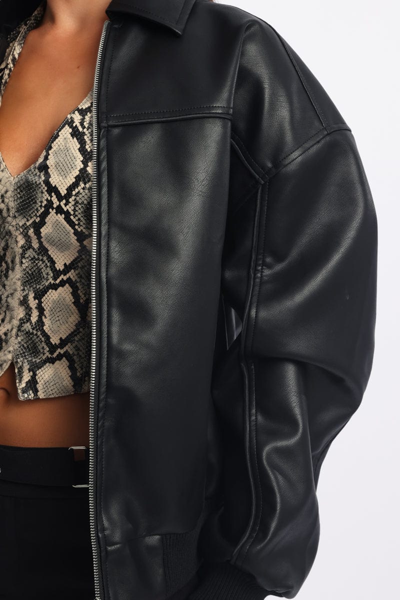 Black Bomber Jacket Faux Leather for Ally Fashion