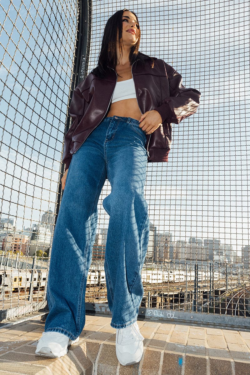 Red Bomber Jacket Faux Leather for Ally Fashion