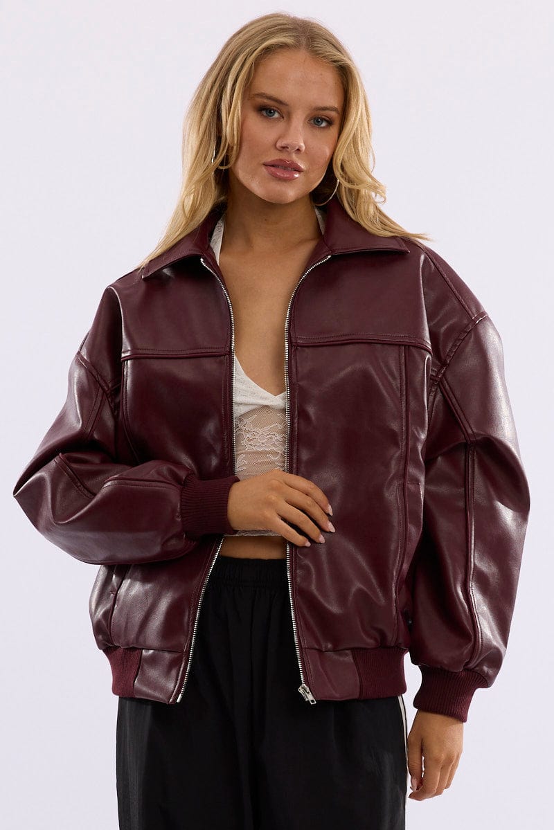 Red Bomber Jacket Faux Leather for Ally Fashion