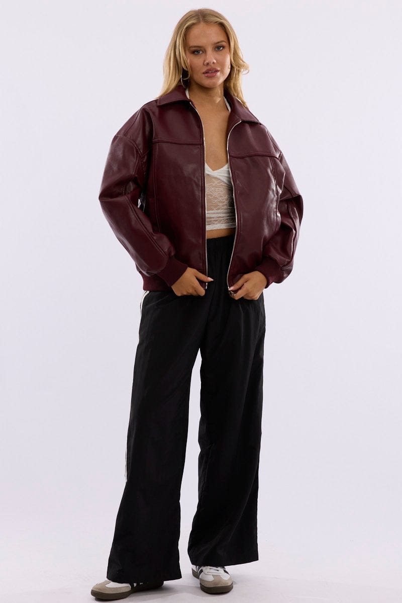 Red Bomber Jacket Faux Leather for Ally Fashion