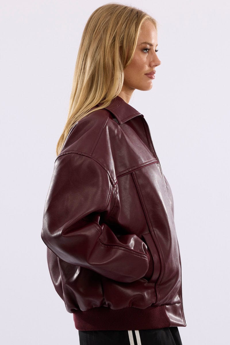 Red Bomber Jacket Faux Leather for Ally Fashion