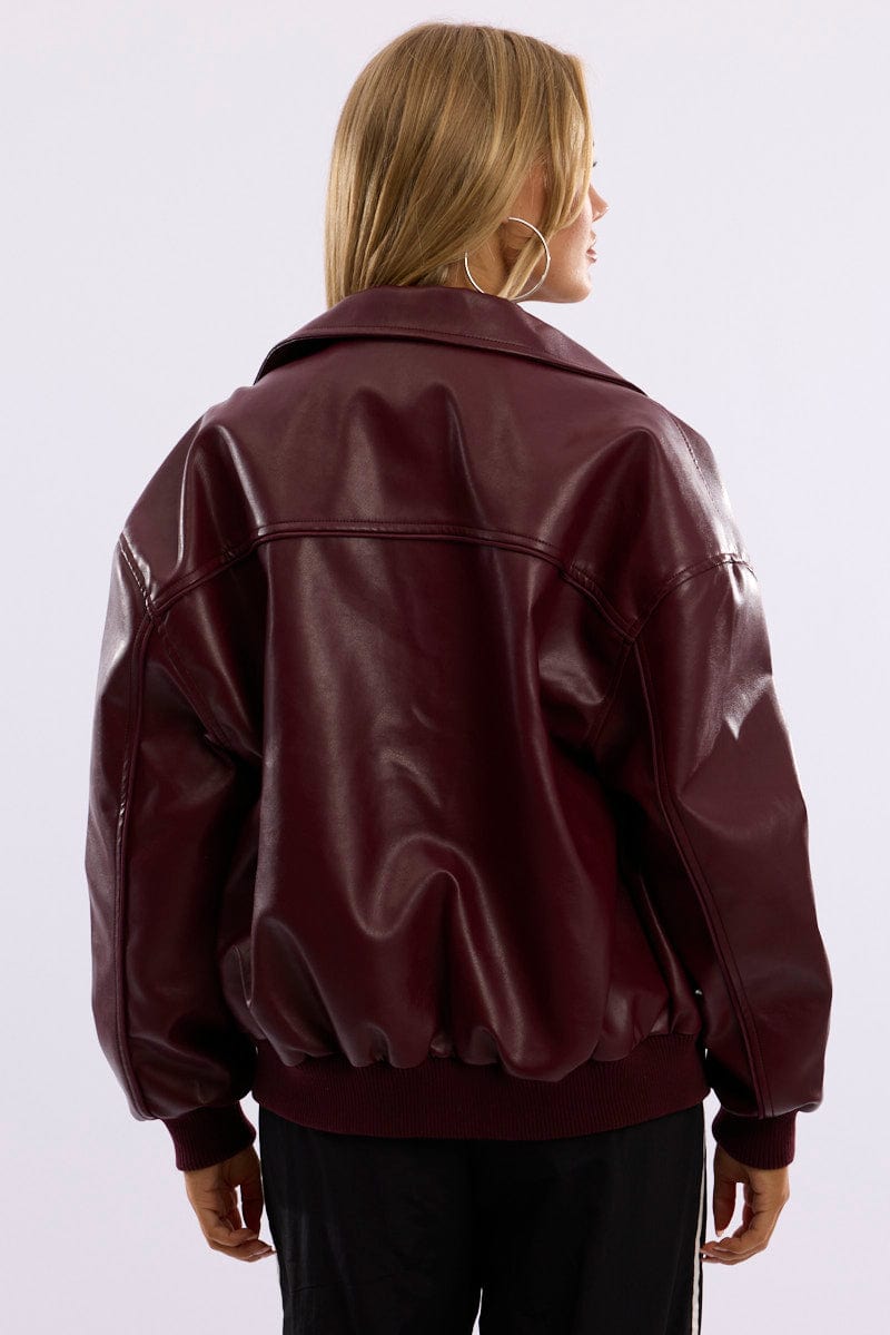 Red Bomber Jacket Faux Leather for Ally Fashion