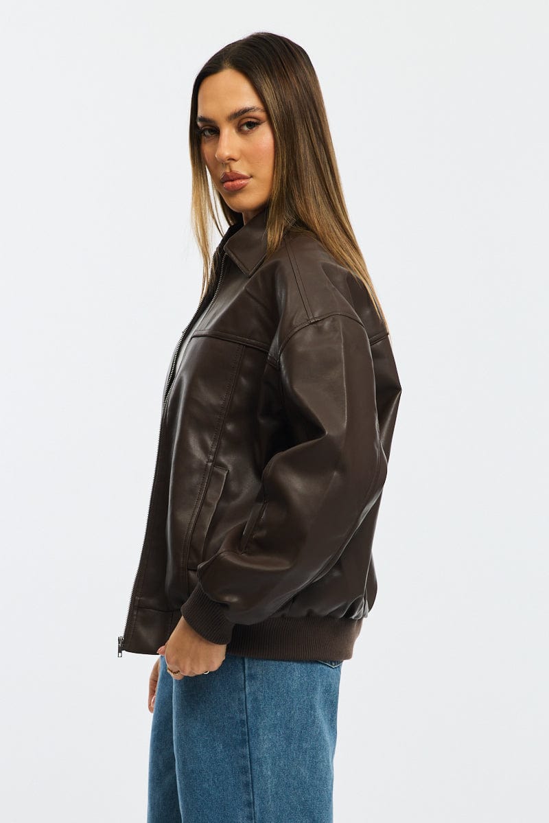 Brown Bomber Jacket Faux Leather for Ally Fashion