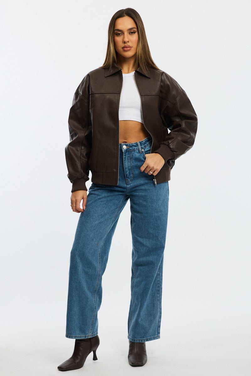 Brown Bomber Jacket Faux Leather for Ally Fashion
