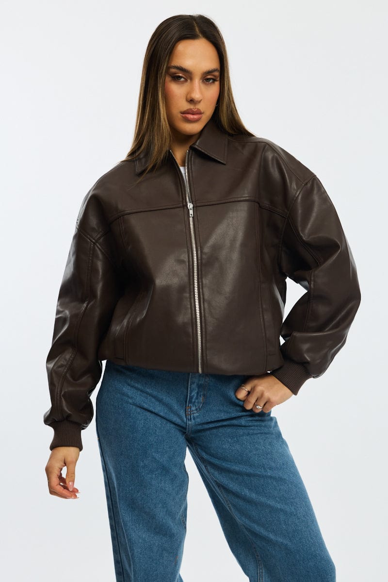 Brown Bomber Jacket Faux Leather for Ally Fashion