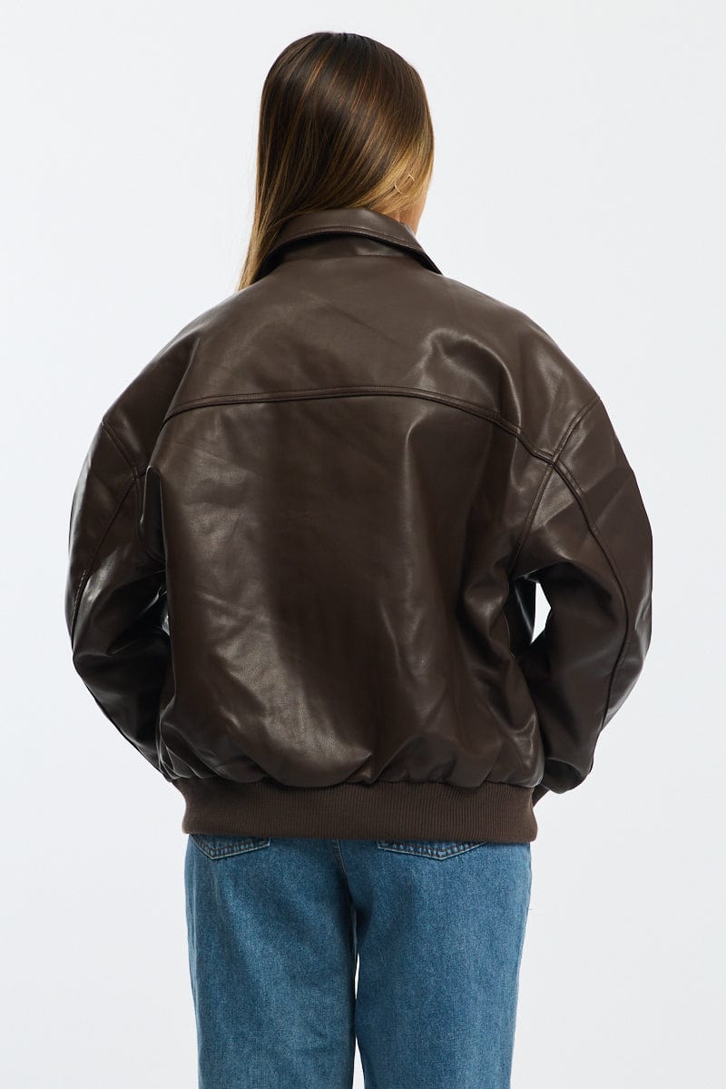 Brown Bomber Jacket Faux Leather for Ally Fashion