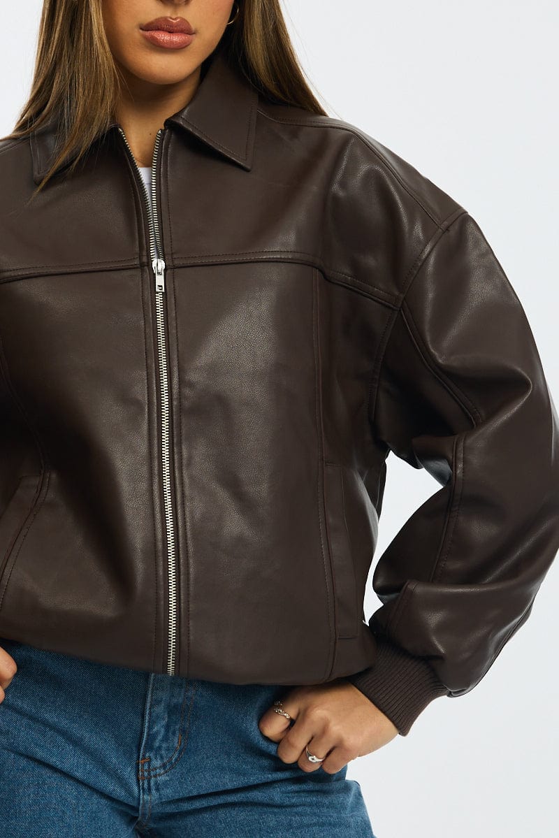 Brown Bomber Jacket Faux Leather for Ally Fashion
