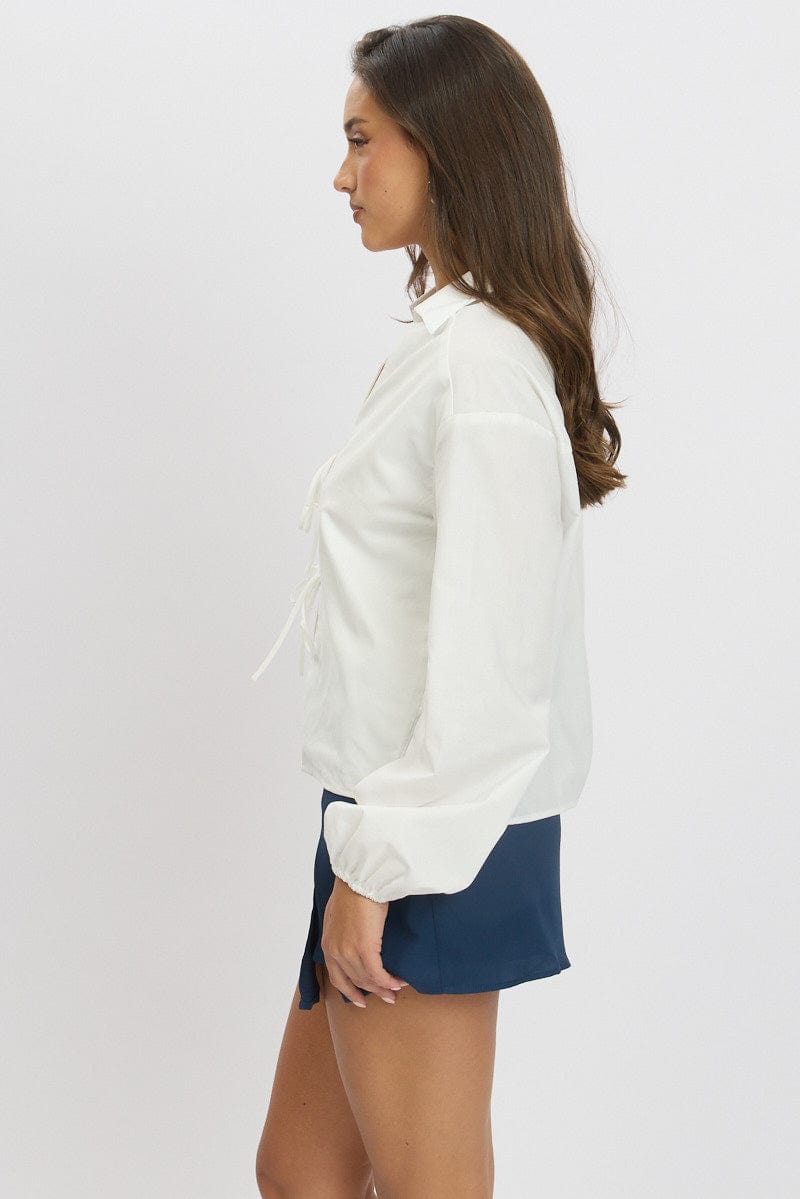 White Tie  Up Front Top Long Sleeve for Ally Fashion