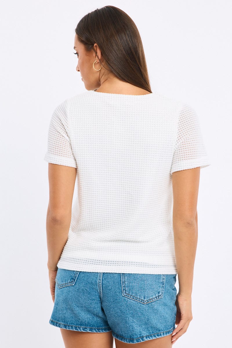 White Tie Up Top Textured Short Sleeve for Ally Fashion