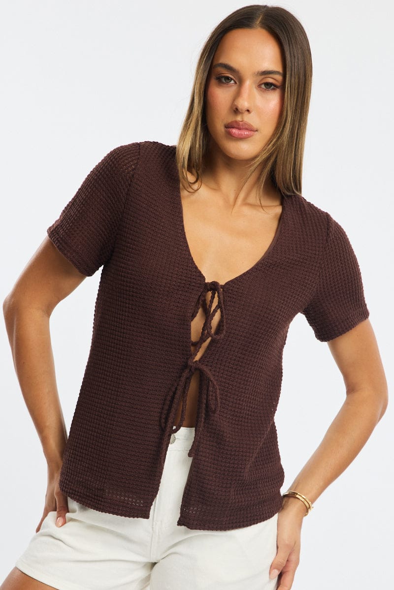 Brown Tie Up Top Textured Short Sleeve for Ally Fashion
