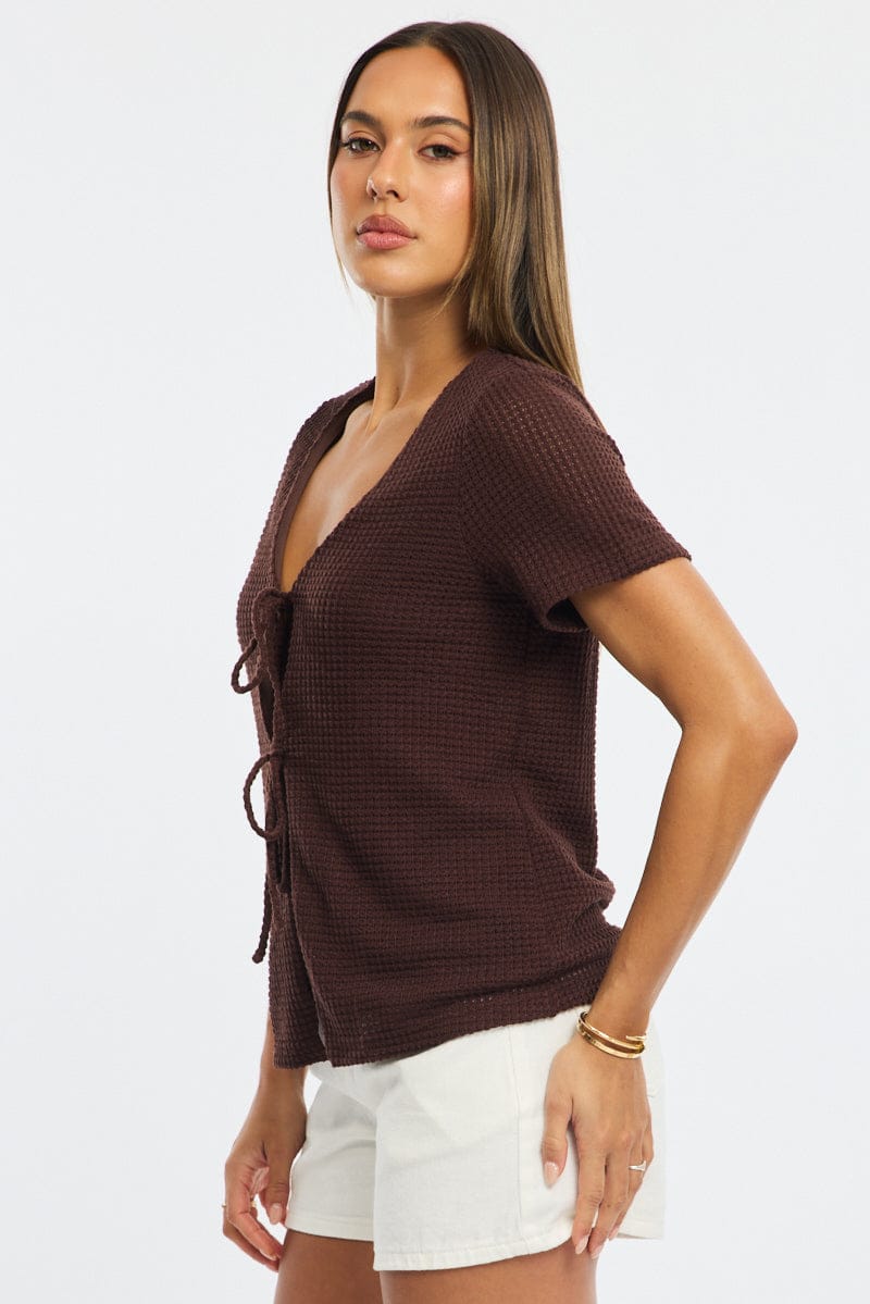 Brown Tie Up Top Textured Short Sleeve for Ally Fashion