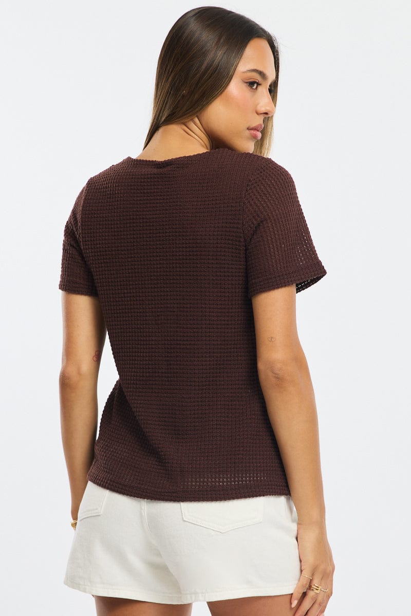Brown Tie Up Top Textured Short Sleeve for Ally Fashion