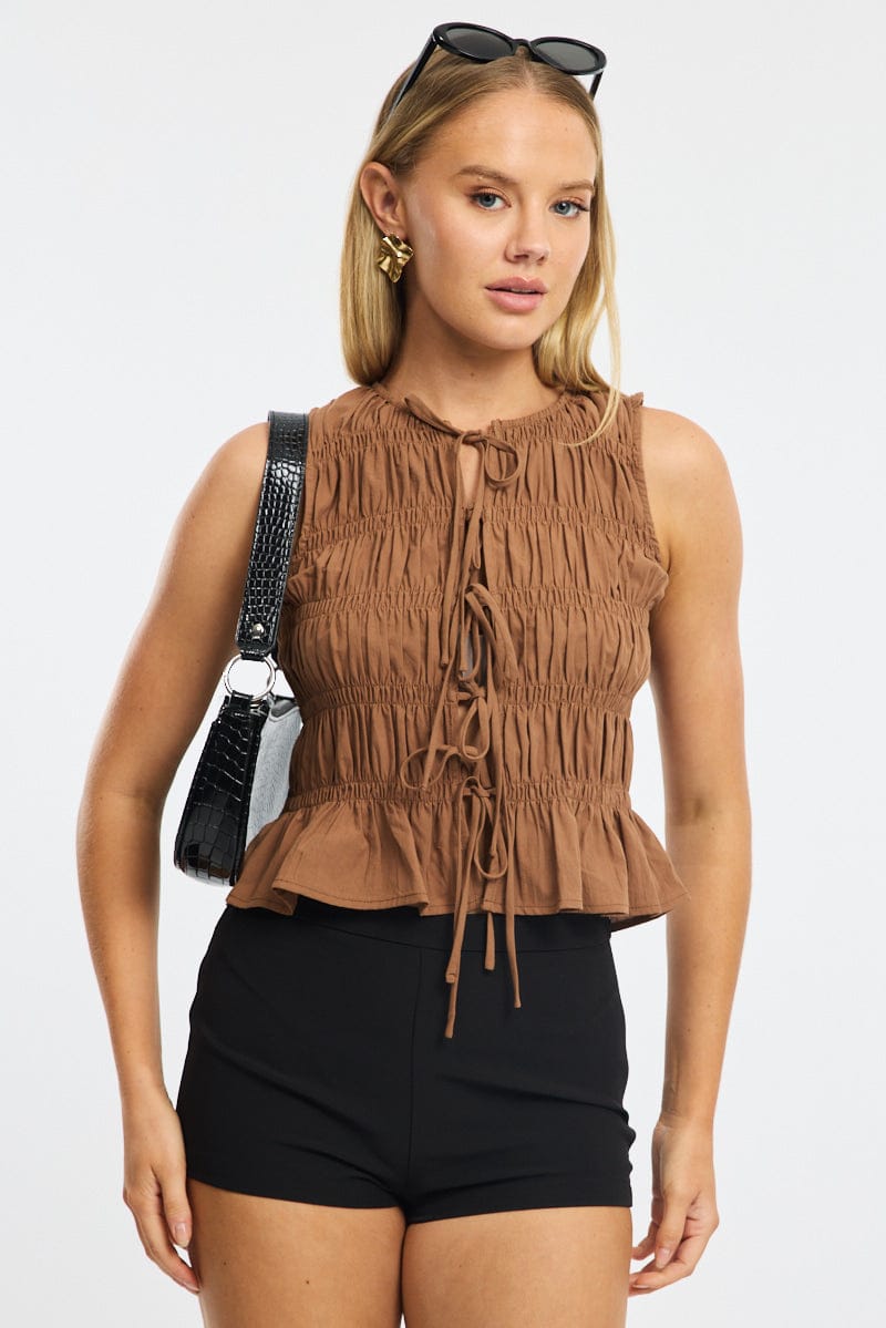 Brown Creased Top Tie Up for Ally Fashion